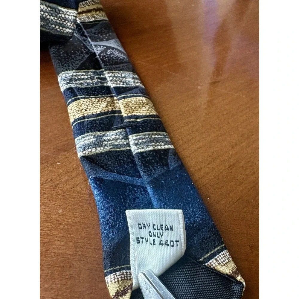 Vintage Honors Men's Tie Blue Gold Gray Abstract Striped Woven Silk 90s Retro